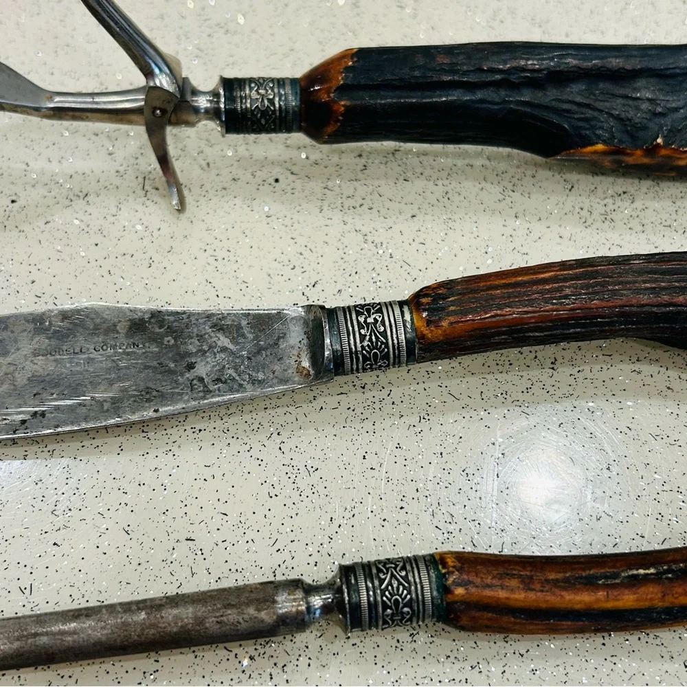VTG~3 Pc.‎ Carving Set~Stag Handles~Goodell Co. Antrim, NH~Knife, Fork, Sharping